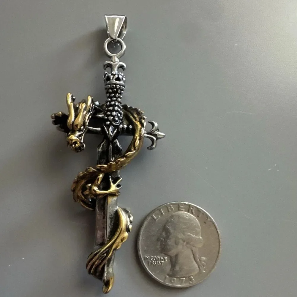 Dagger Sword Dragon Pendant 24” Chain Stainless Steel Viking Gothic Gift Vintage